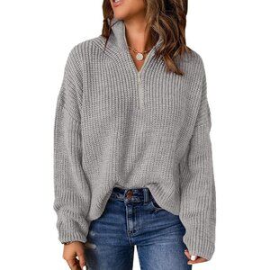 Women Grey Sweaters Waffle Kint Long Sleeve Pullover Polo V Neck Sweater